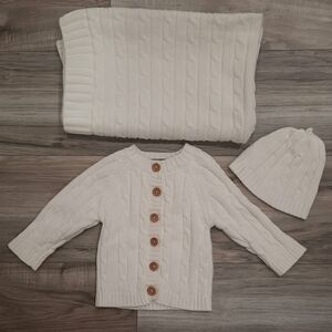 Matching Set- White Cable Knit Button Sweater, Hat, Baby Blanket